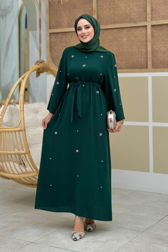 Stone Detailed Waist Belted Dress 3797 Emerald - Bym Fashion