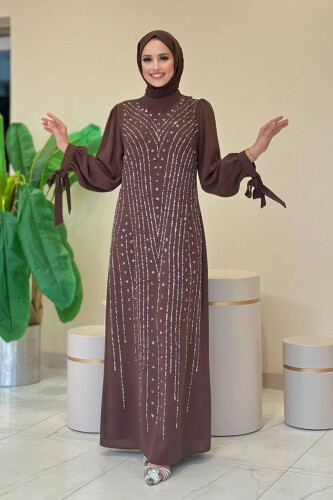 Taş Detaylı Elbise 3935 Kahverengi - Bym Fashion