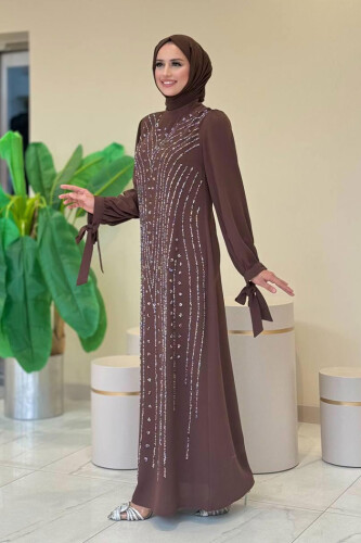 Taş Detaylı Elbise 3935 Kahverengi - Bym Fashion (1)