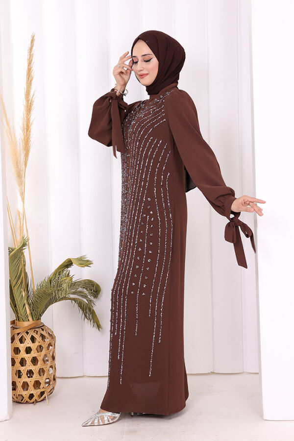 Taş Detaylı Elbise 3935 Kahverengi - 6