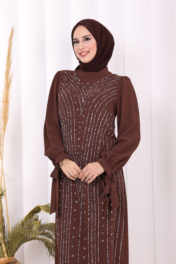 Taş Detaylı Elbise 3935 Kahverengi - 8