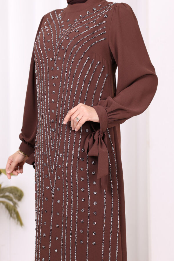 Taş Detaylı Elbise 3935 Kahverengi - 9
