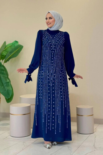 Taş Detaylı Elbise 3935 Saks - Bym Fashion