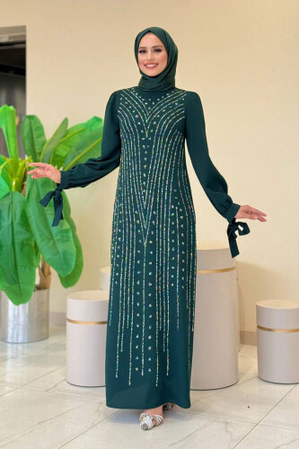Taş Detaylı Elbise 3935 Zümrüt - Bym Fashion