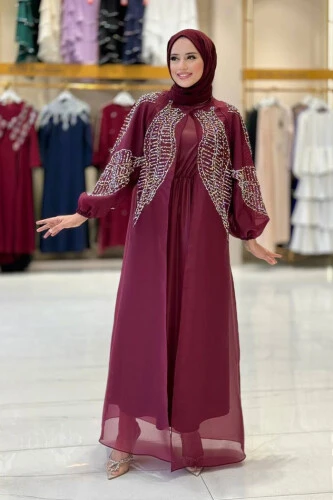 Taş Detaylı Elbise Abaya Takım 3943 Bordo - 1