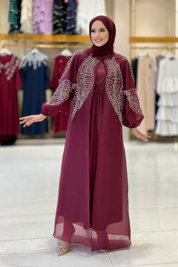 Taş Detaylı Elbise Abaya Takım 3943 Bordo - 1