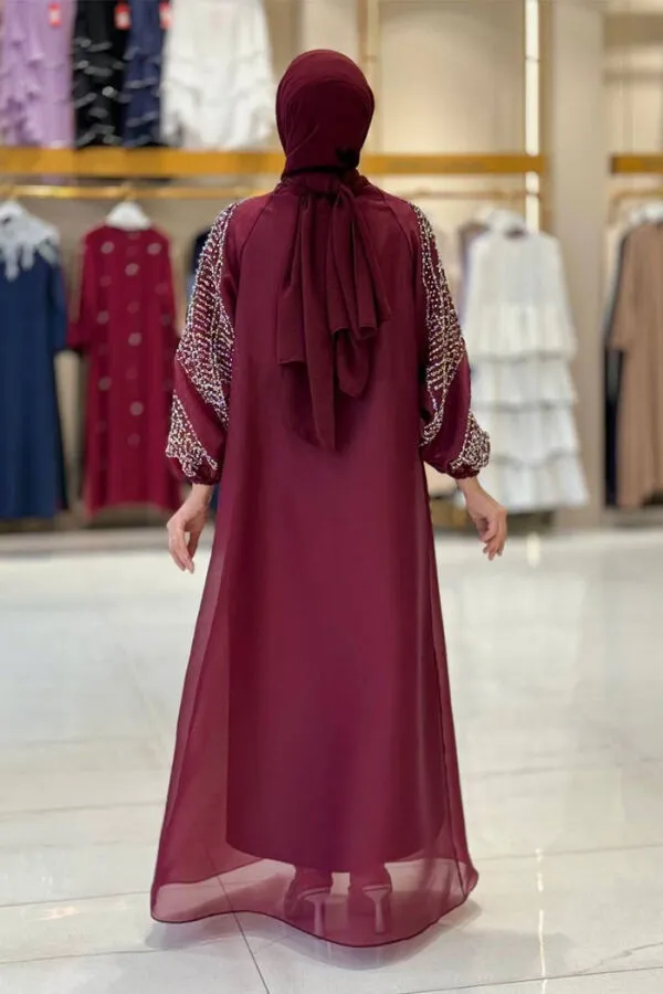 Taş Detaylı Elbise Abaya Takım 3943 Bordo - 2