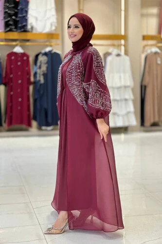 Taş Detaylı Elbise Abaya Takım 3943 Bordo - 3