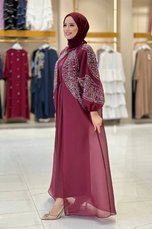 Taş Detaylı Elbise Abaya Takım 3943 Bordo - 3