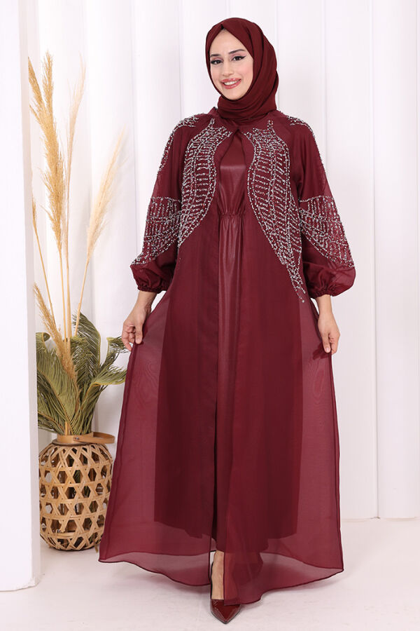 Taş Detaylı Elbise Abaya Takım 3943 Bordo - 5