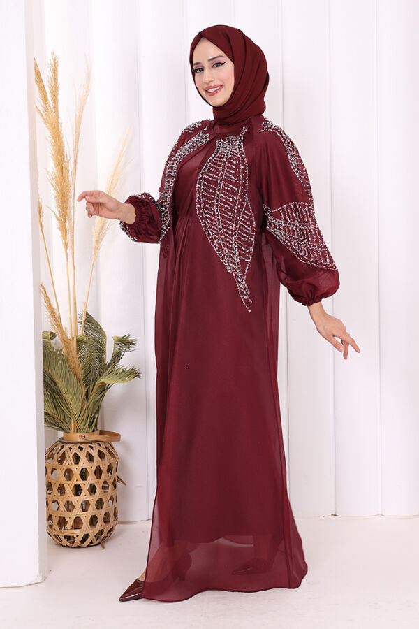 Taş Detaylı Elbise Abaya Takım 3943 Bordo - 6