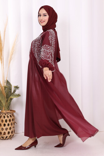 Taş Detaylı Elbise Abaya Takım 3943 Bordo - 7