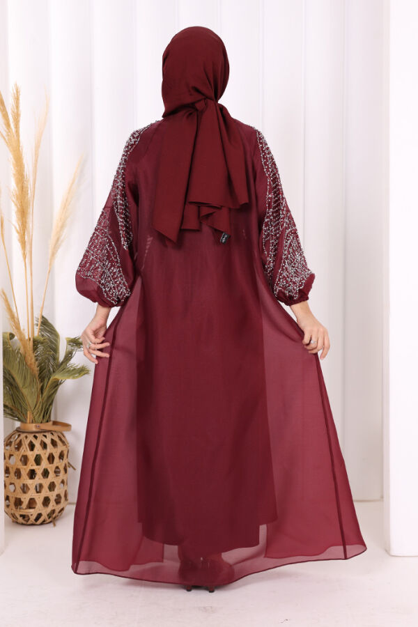 Taş Detaylı Elbise Abaya Takım 3943 Bordo - 8