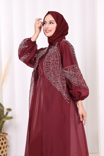 Taş Detaylı Elbise Abaya Takım 3943 Bordo - 9