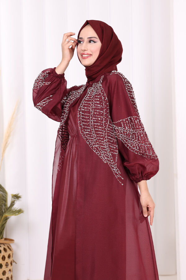 Taş Detaylı Elbise Abaya Takım 3943 Bordo - 9