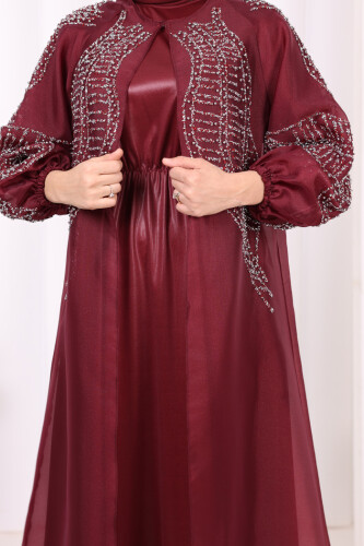 Taş Detaylı Elbise Abaya Takım 3943 Bordo - 10