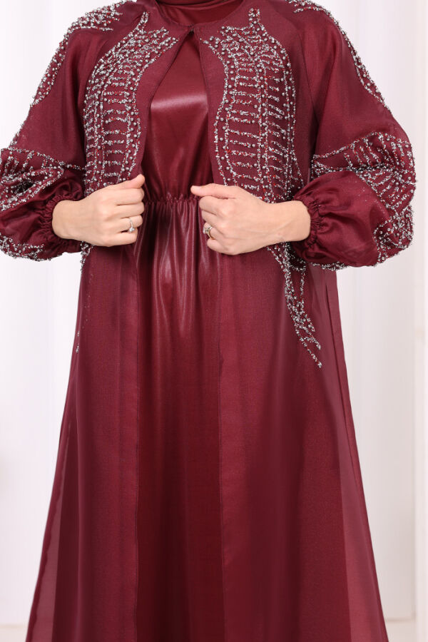 Taş Detaylı Elbise Abaya Takım 3943 Bordo - 10