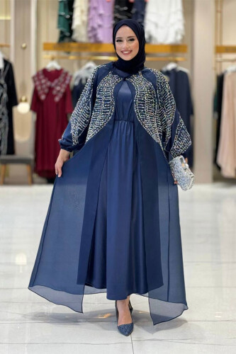 Taş Detaylı Elbise Abaya Takım 3943 Lacivert - Bym Fashion