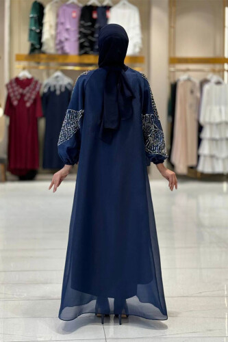Taş Detaylı Elbise Abaya Takım 3943 Lacivert - Bym Fashion (1)