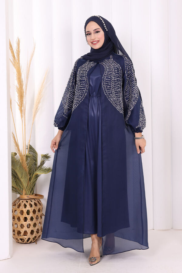 Taş Detaylı Elbise Abaya Takım 3943 Lacivert - 5
