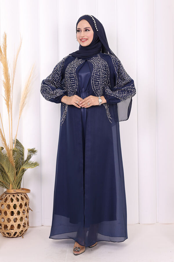 Taş Detaylı Elbise Abaya Takım 3943 Lacivert - 6