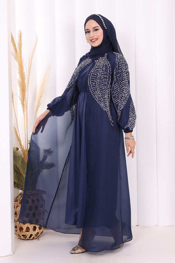 Taş Detaylı Elbise Abaya Takım 3943 Lacivert - 7