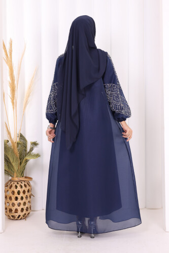 Taş Detaylı Elbise Abaya Takım 3943 Lacivert - 8