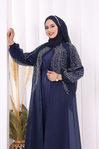 Taş Detaylı Elbise Abaya Takım 3943 Lacivert - 9