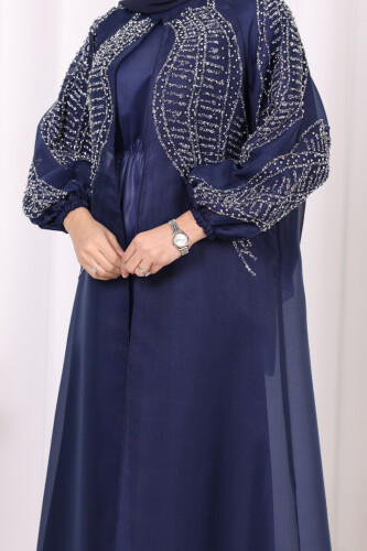 Taş Detaylı Elbise Abaya Takım 3943 Lacivert - 10
