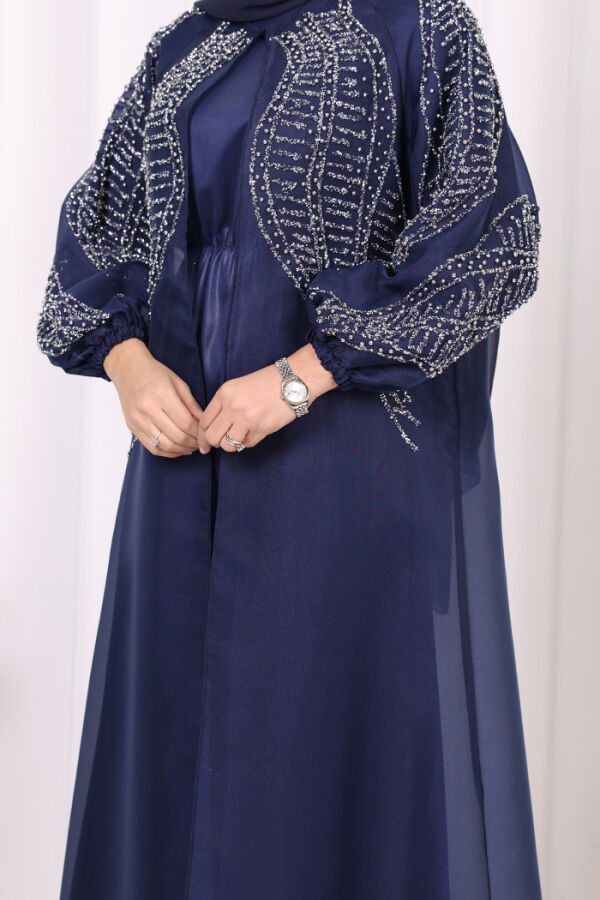 Taş Detaylı Elbise Abaya Takım 3943 Lacivert - 10