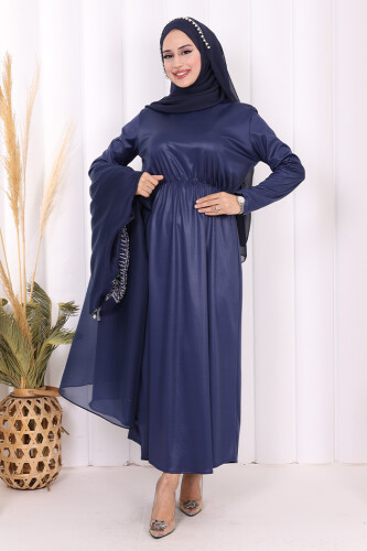 Taş Detaylı Elbise Abaya Takım 3943 Lacivert - 11