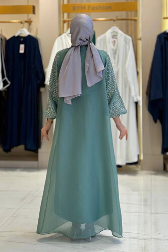 Taş Detaylı Elbise Abaya Takım 3943 Mint - Bym Fashion (1)