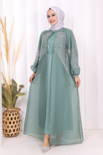 Taş Detaylı Elbise Abaya Takım 3943 Mint - 5