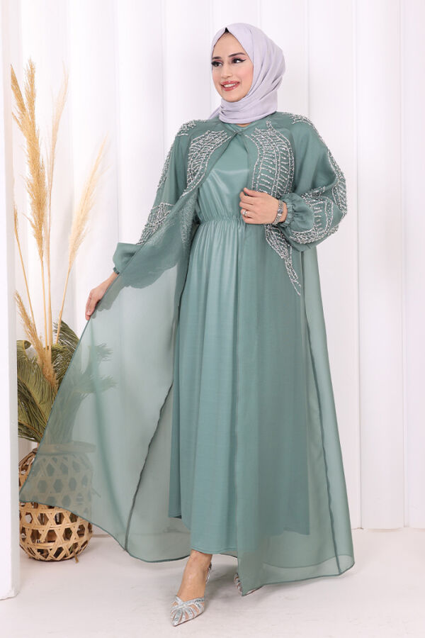 Taş Detaylı Elbise Abaya Takım 3943 Mint - 6