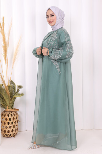 Taş Detaylı Elbise Abaya Takım 3943 Mint - 7