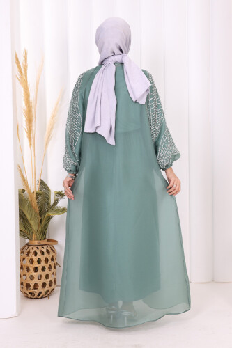 Taş Detaylı Elbise Abaya Takım 3943 Mint - 8