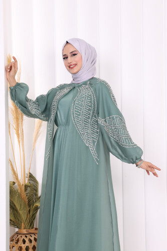 Taş Detaylı Elbise Abaya Takım 3943 Mint - 9