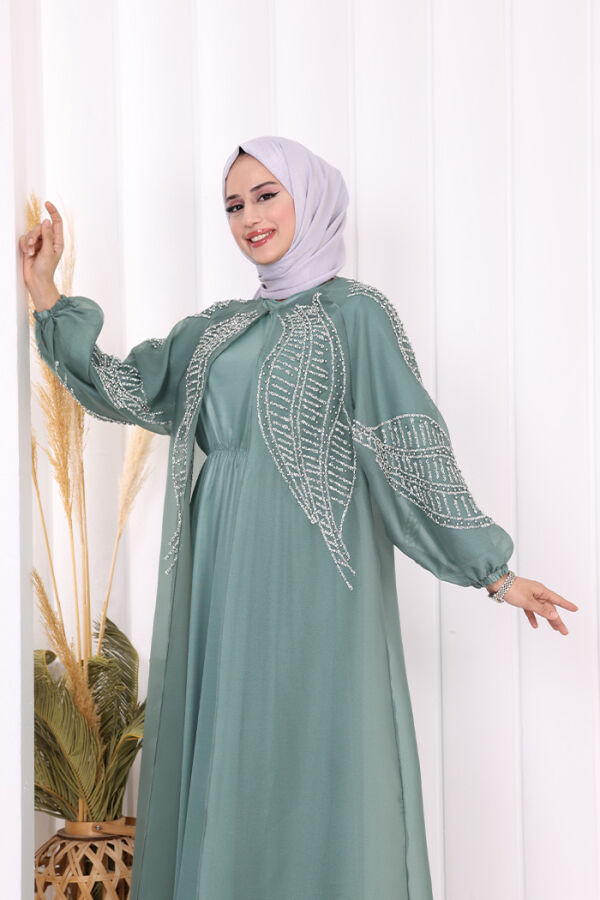 Taş Detaylı Elbise Abaya Takım 3943 Mint - 9