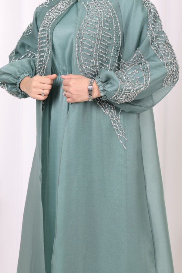 Taş Detaylı Elbise Abaya Takım 3943 Mint - 10