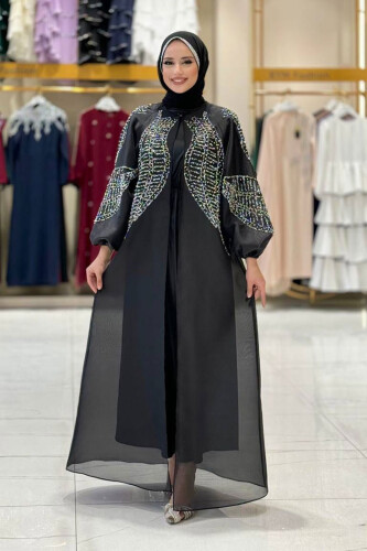 Taş Detaylı Elbise Abaya Takım 3943 Siyah - Bym Fashion