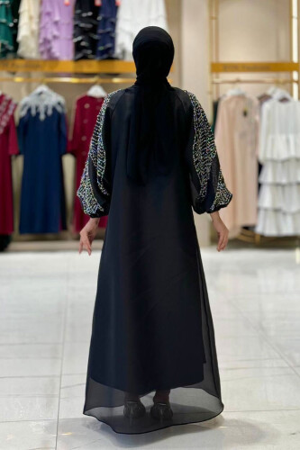 Taş Detaylı Elbise Abaya Takım 3943 Siyah - Bym Fashion (1)
