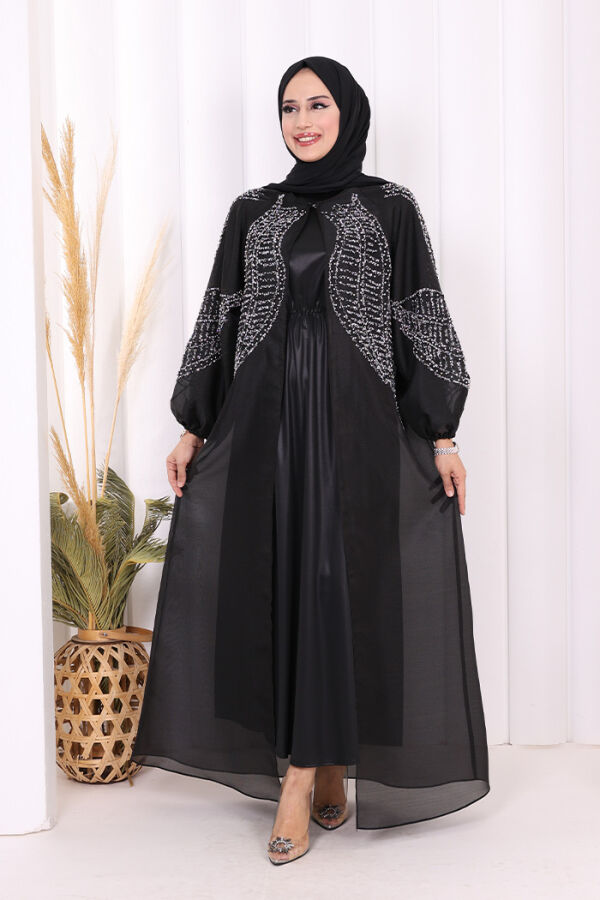 Taş Detaylı Elbise Abaya Takım 3943 Siyah - 5