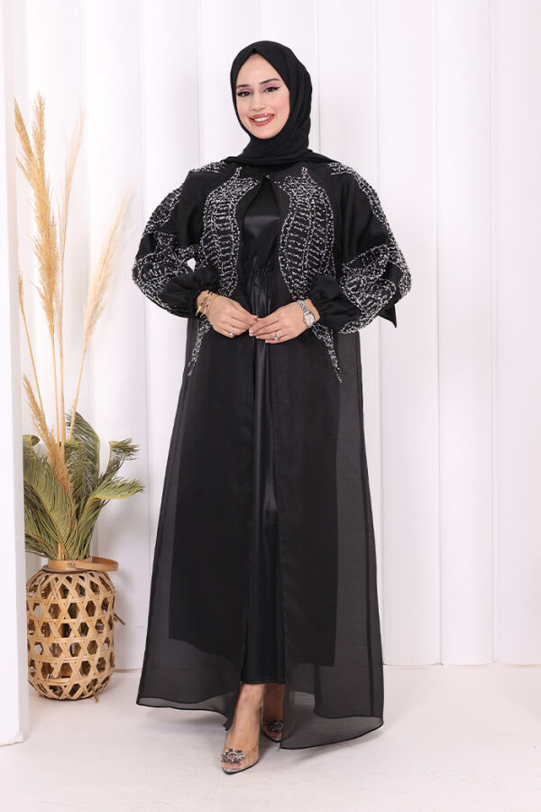 Taş Detaylı Elbise Abaya Takım 3943 Siyah - 6