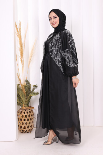 Taş Detaylı Elbise Abaya Takım 3943 Siyah - 7