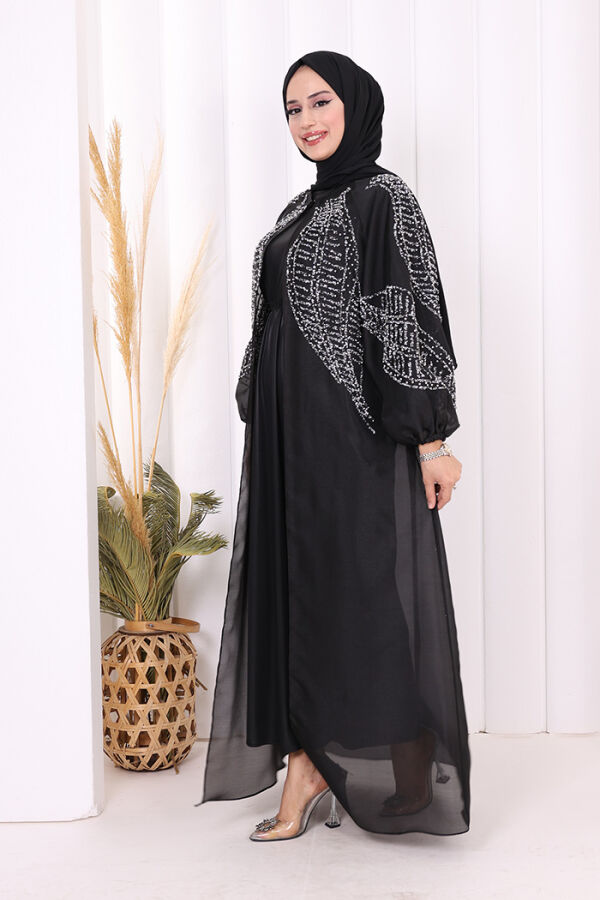 Taş Detaylı Elbise Abaya Takım 3943 Siyah - 7