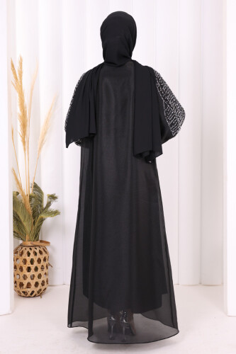 Taş Detaylı Elbise Abaya Takım 3943 Siyah - 8