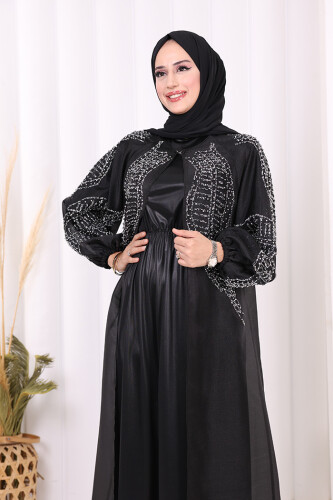 Taş Detaylı Elbise Abaya Takım 3943 Siyah - 9