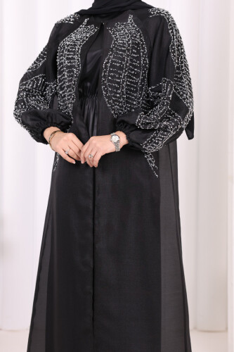 Taş Detaylı Elbise Abaya Takım 3943 Siyah - 10