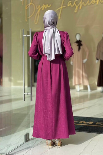 Taş Detaylı Jakar Elbise 3924 Mürdüm - Bym Fashion (1)