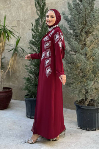 Taş Detaylı Pelerinli Elbise 3938 Bordo - Bym Fashion (1)